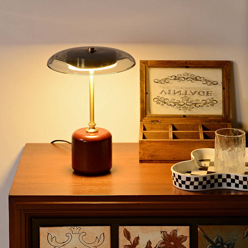 Retro Brass Wood Glass Cylinder LED Table Lamp