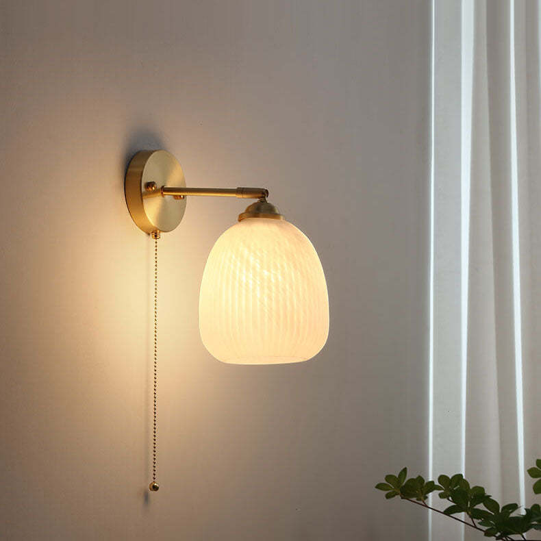 Nordic Striped Milk White Glass Brass Pull Cord Wall Sconce