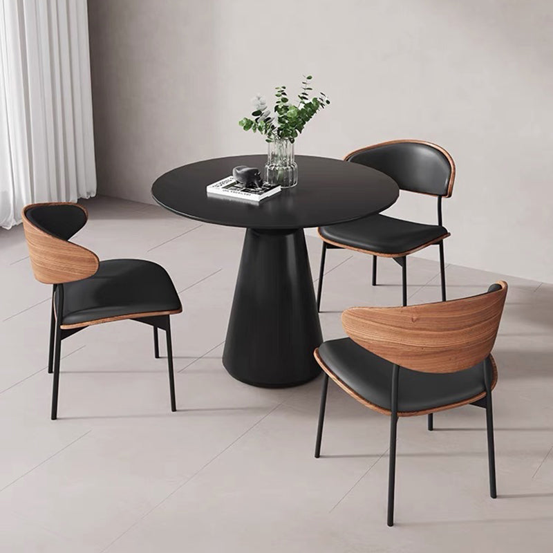 Retro PU Wood Metal Curved Dining Chair — Dark Red