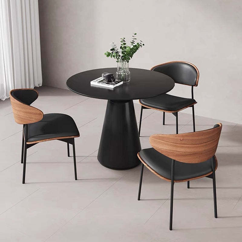 Retro PU Wood Metal Curved Dining Chair — Dark Red