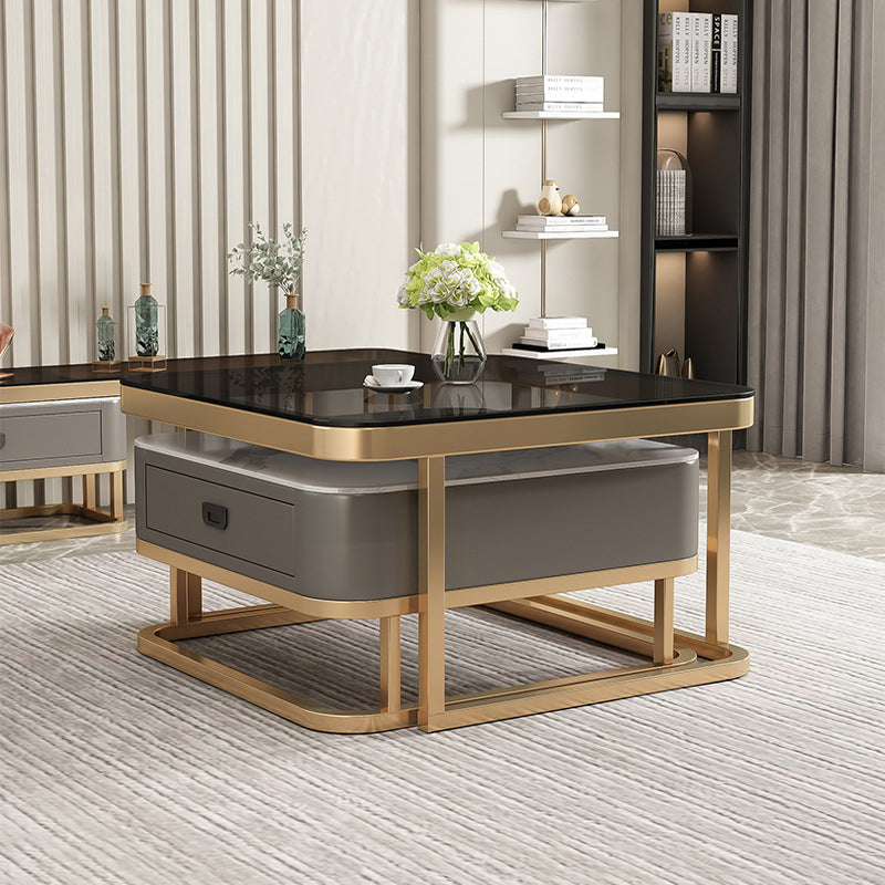 Minimalist Rock Slab Glass Square Coffee Table 1-Drawer — Gold Frame + Gray Tabletop + White Drawer