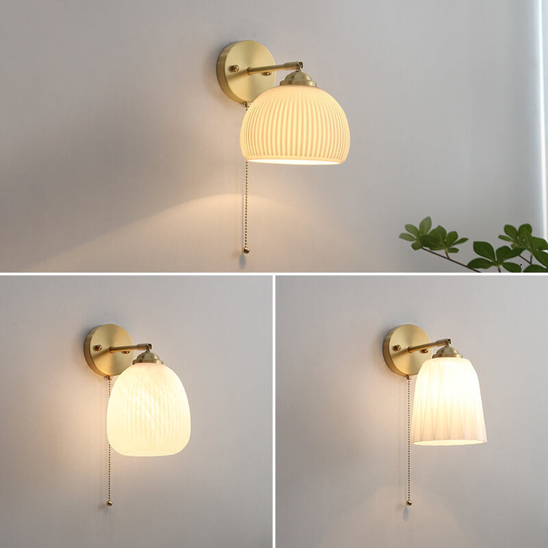 Nordic Striped Milk White Glass Brass Pull Cord Wall Sconce