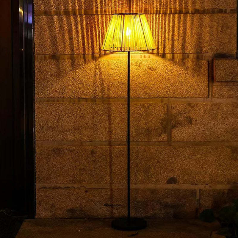 Farmhouse Solar Trapezoidal Woven Rattan LED Floor Lamp