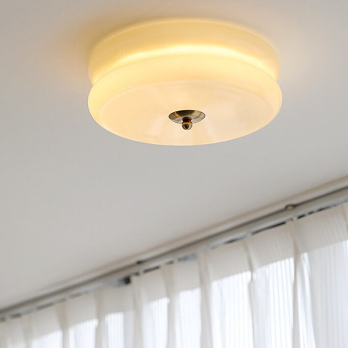 French Minimalist Cream Glass Round LED Flush Mount Light