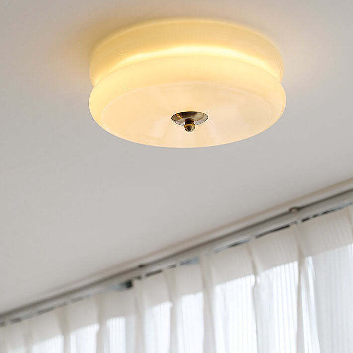 French Minimalist Cream Glass Round LED Flush Mount Light