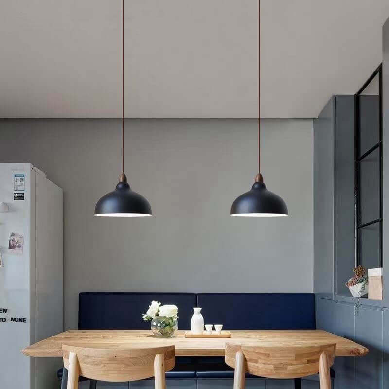 Japanese Iron Dome Wood Top Pendant Light