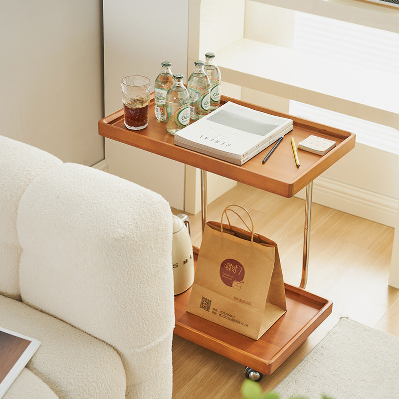 Minimalist Wood Metal 2-Tier Wheeled End Table