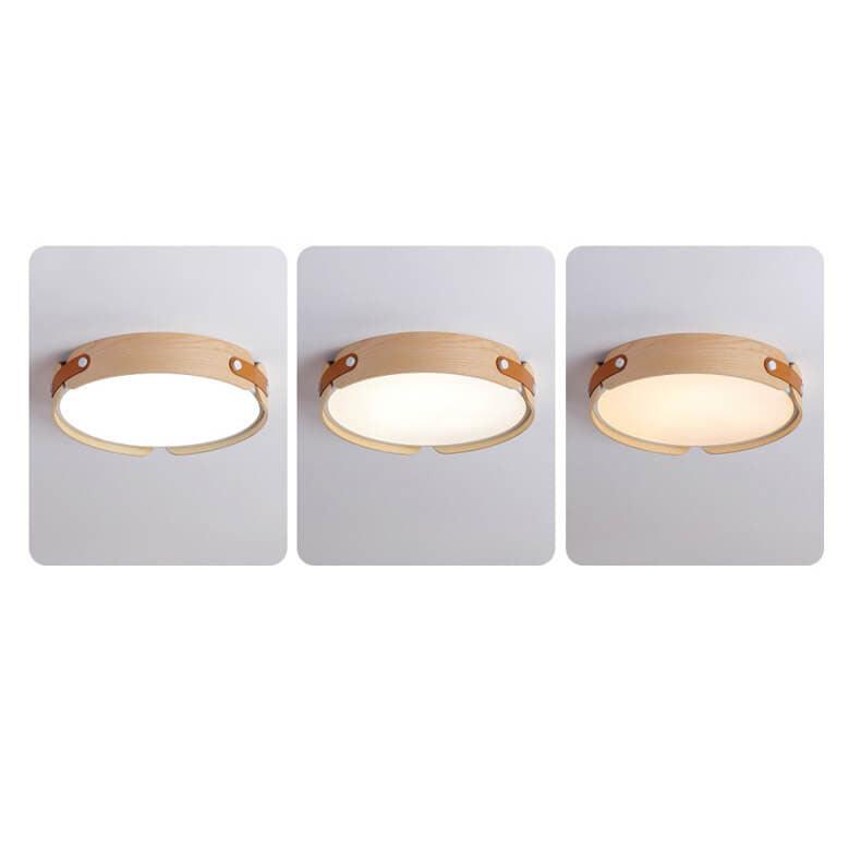 Minimalist Solid Wood Round Leather LED Flush Light