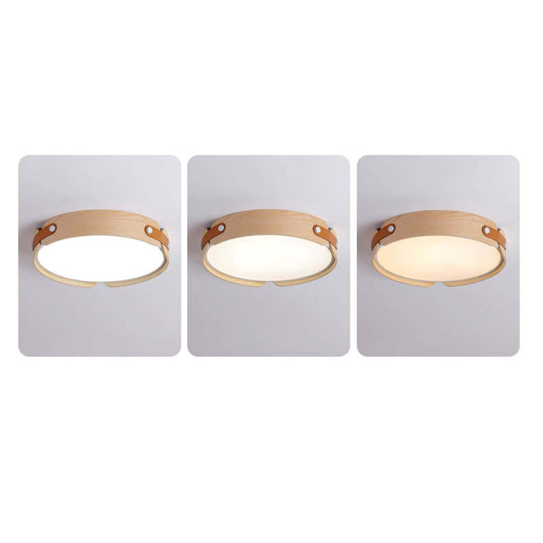 Minimalist Solid Wood Round Leather LED Flush Light