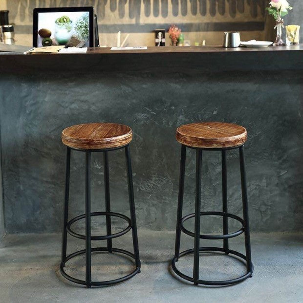 Industrial Wood Iron Bar Stool — PU Leather Upholstered Seat