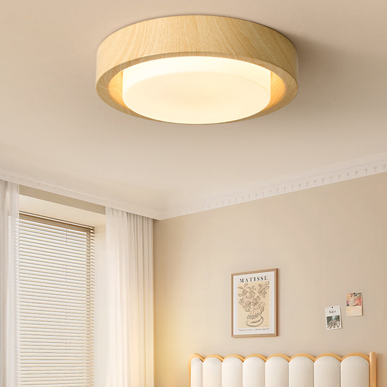 Japanese Round Glass Wood Grain LED Flush Mount Light