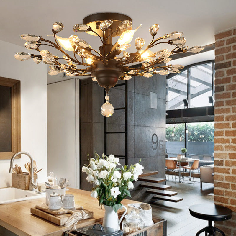 European Branch Iron Crystal Semi-Flush Ceiling Light