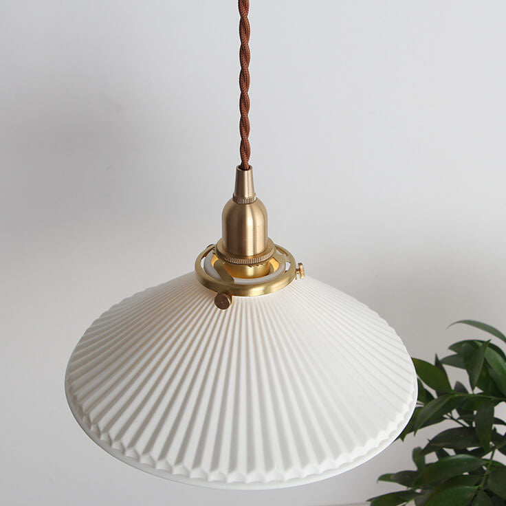 Japanese Pleated Ceramic Cone Brass Pendant Light