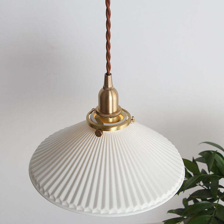 Japanese Pleated Ceramic Cone Brass Pendant Light