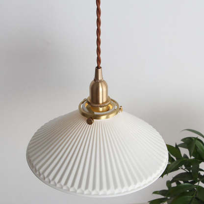 Japanese Pleated Ceramic Cone Brass Pendant Light