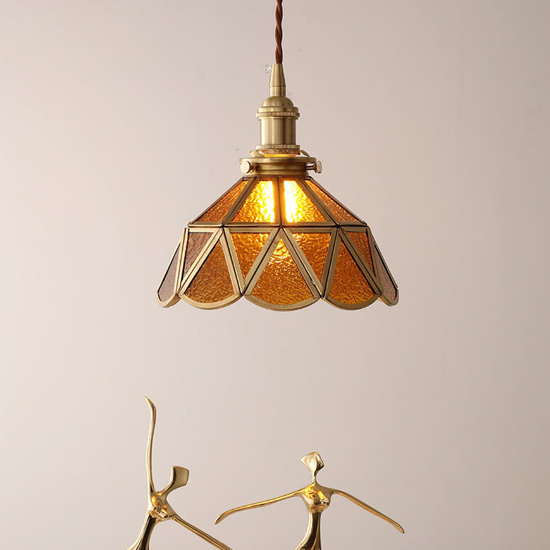 Nordic Vintage Water Pattern Glass Cone Brass Pendant Light