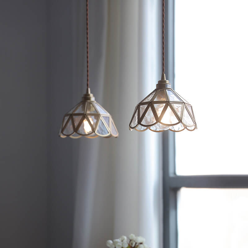 Japanese Vintage Cone Geometric Glass Copper Pendant Light