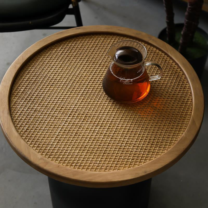 Vintage Cylinder Iron Rattan Wood End Table