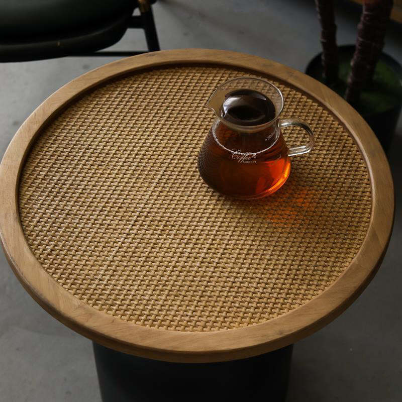 Vintage Cylinder Iron Rattan Wood End Table
