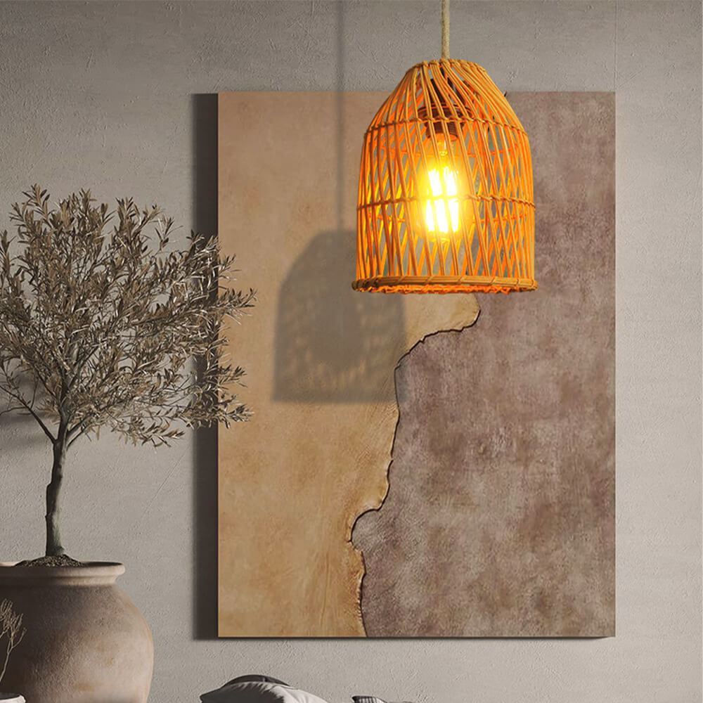 Vintage Rattan Dome Column Pendant Light