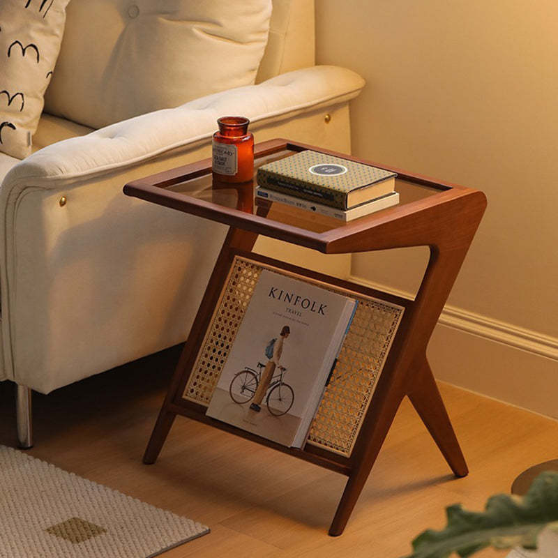 Japanese Rattan Rectangular Side Table 1-Shelf — Ash Wood - Wood Color / Striped Glass