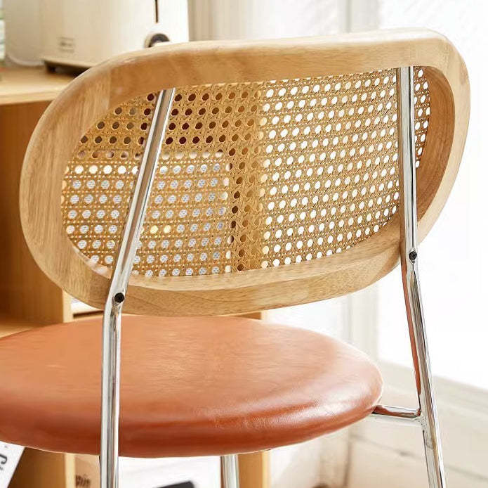 Vintage Wood Metal Leather Dining Chair — Original Wood Backrest + Black Saddle