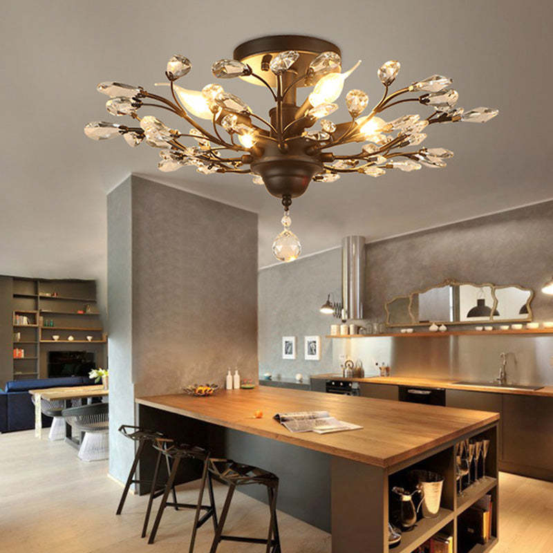 European Branch Iron Crystal Semi-Flush Ceiling Light
