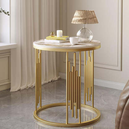 Scandinavian Rock Slab Carbon Steel End Table — Brown Tabletop + Gold Frame