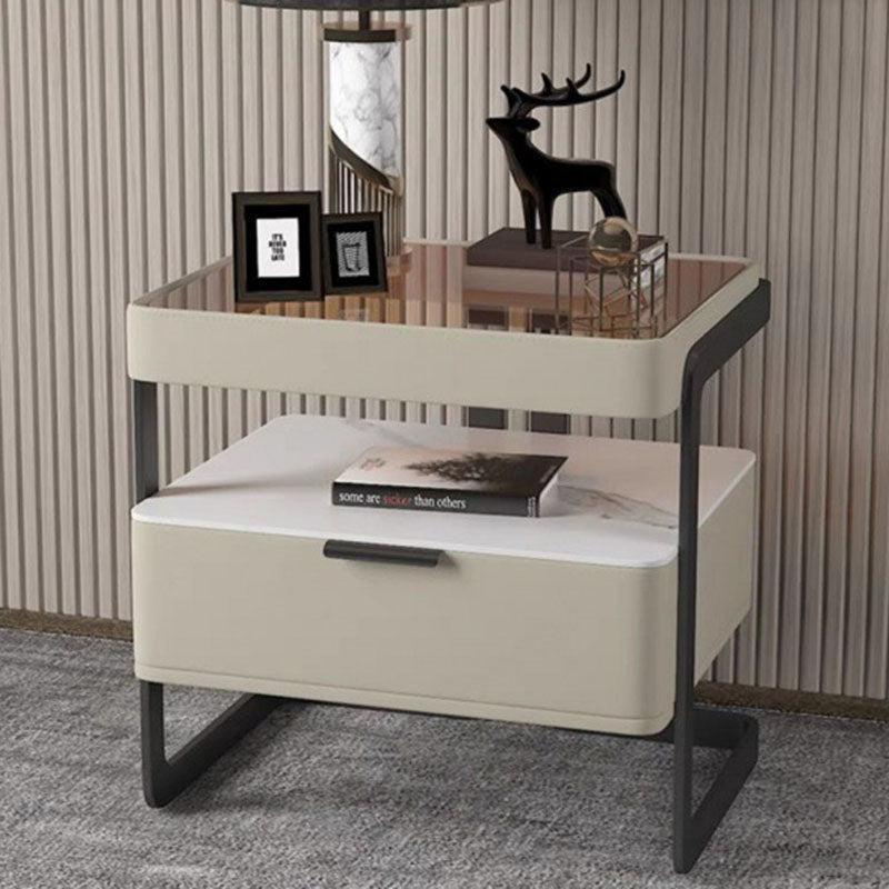 Nordic Reinforced Glass Leather Wood Nightstand 1-Drawer — Drawer With Fingerprint Lock / Brown