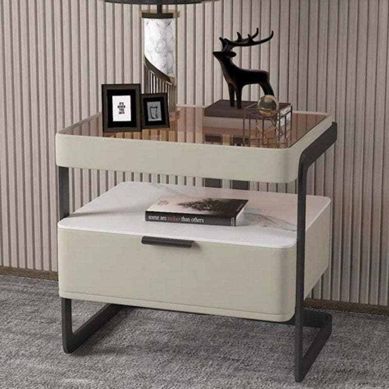 Lighom 1-drawer reinforced leather nightstands for bedroom — Without Fingerprint Lock / White