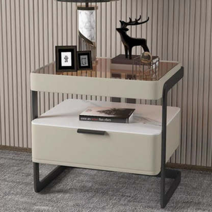 Nordic Reinforced Glass Leather Wood Nightstand 1-Drawer — Drawer With Fingerprint Lock / Brown