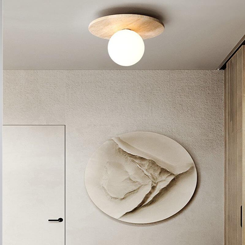Japanese Round Yellow Travertine Semi-Flush Ceiling Light