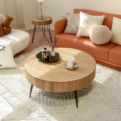 Minimalist Round Annual Wood Steel Coffee Table
