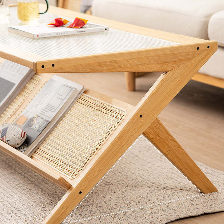 Japanese Z-Shape Wood Glass Rattan Coffee Table