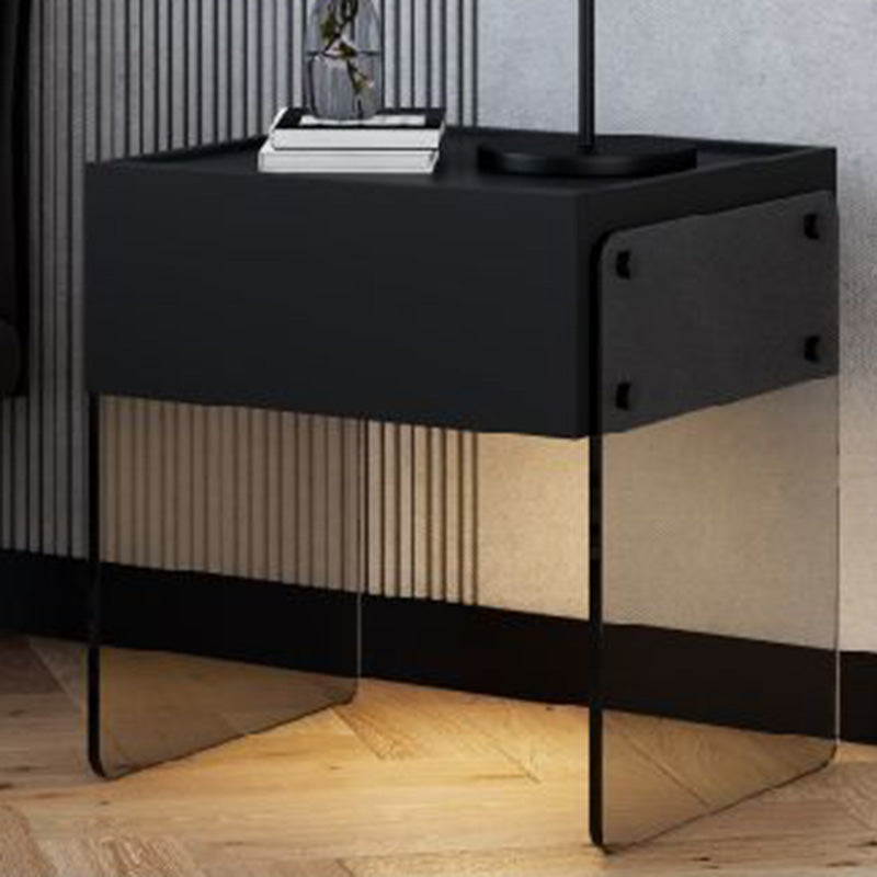Minimalist Wood Plank Glass 1-Drawer Nightstand — Dark Gray