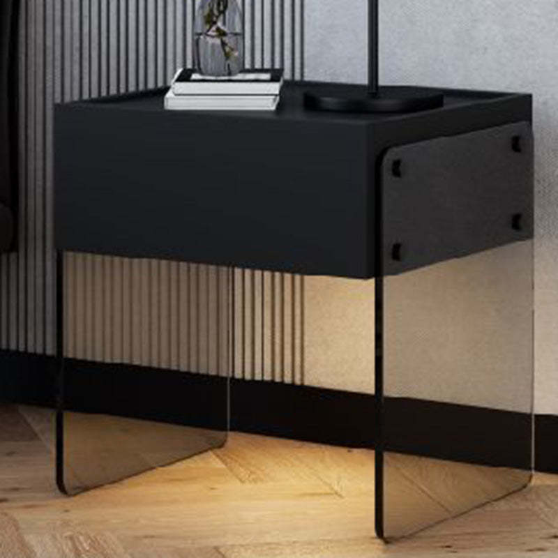 Minimalist Wood Plank Glass 1-Drawer Nightstand — Dark Gray