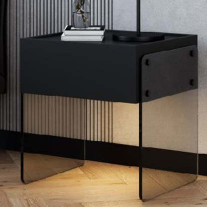 Minimalist Wood Plank Glass 1-Drawer Nightstand — Dark Gray