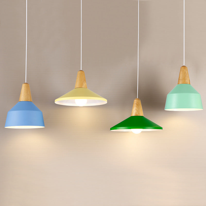 Minimalist Cone Trapezoid Iron Wood Pendant Light — Blue / 110V-120V For US/CA