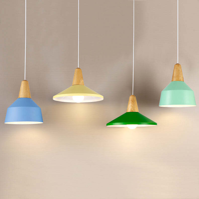 Minimalist Cone Trapezoid Iron Wood Pendant Light — Blue / 110V-120V For US/CA