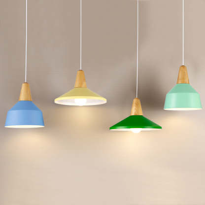 Minimalist Cone Trapezoid Iron Wood Pendant Light — Blue / 110V-120V For US/CA