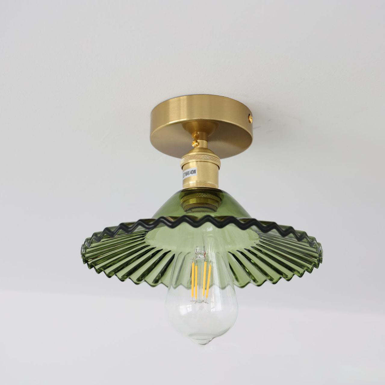 Japanese Vintage Brass Lotus Glass Semi-Flush Ceiling Light