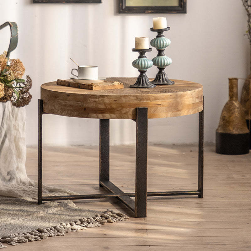 Vintage Distressed Wood Iron Cross-Leg Coffee Table