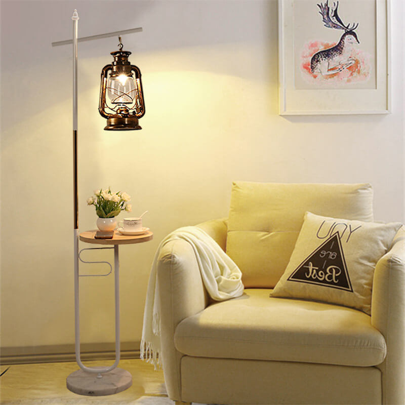 European Vintage Lantern Iron Wood Marble Floor Lamp