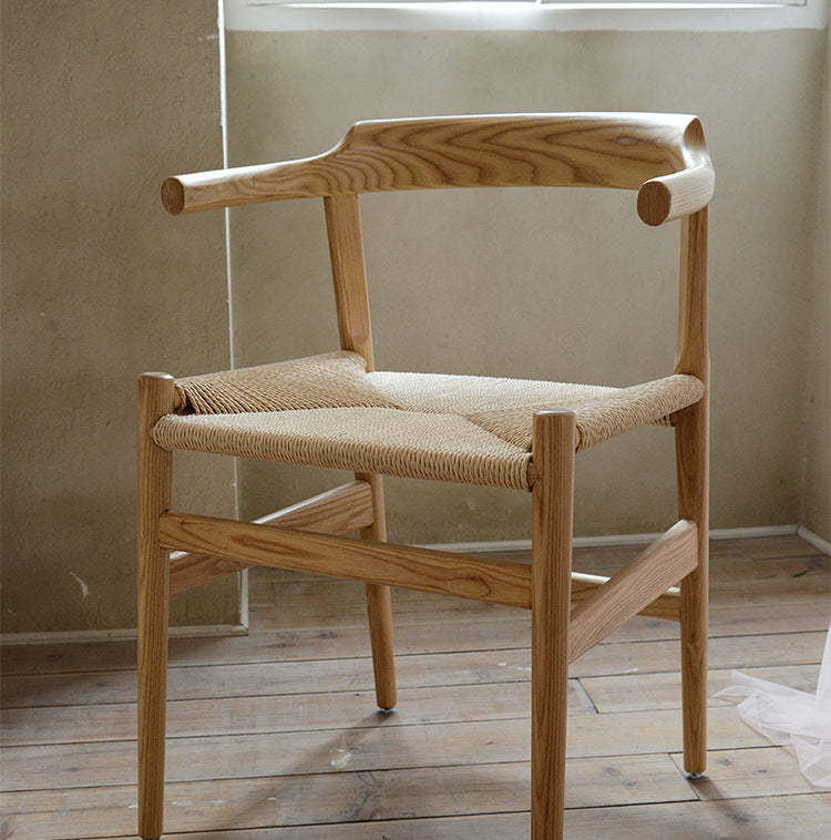 Nordic Wood Rope Dining Armchair — Walnut Frame + Beige Rope