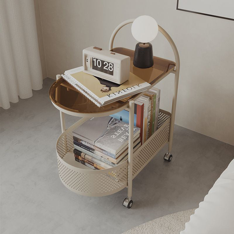 Contemporary Glass Iron Round Rolling Side Table 2-Tier