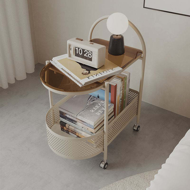 Contemporary Glass Iron Round Rolling Side Table 2-Tier