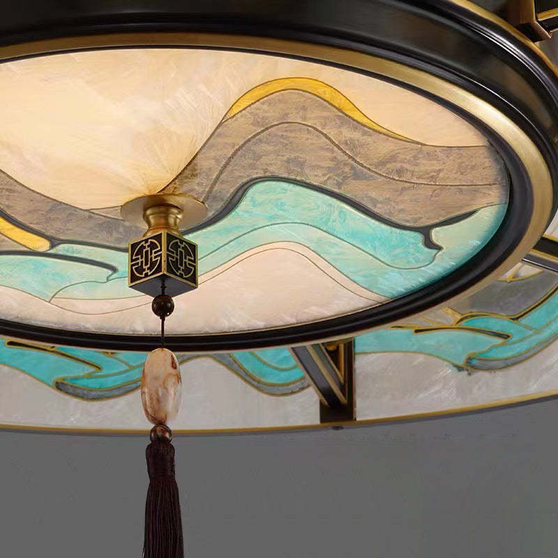 Chinese Enamel Glass Cylinder Brass Chandelier