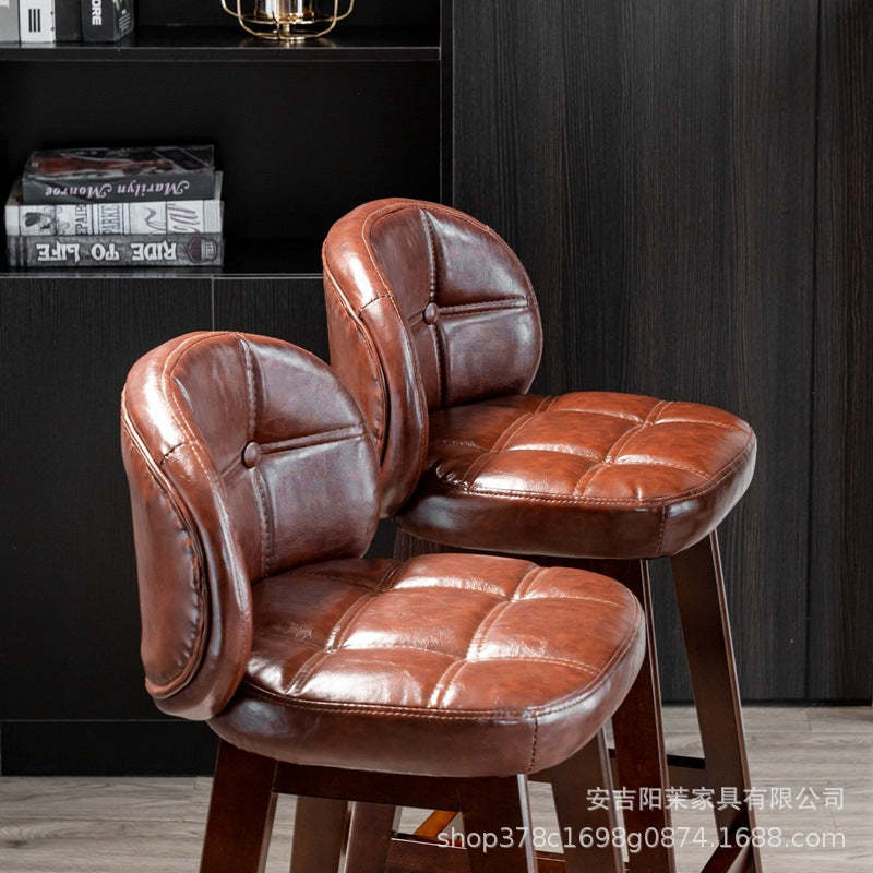 Minimalist Wood Leather Bar Stool — Dark Brown / White