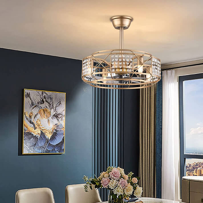 Modern Gold Drum Crystal 4-Light Ceiling Fan Light