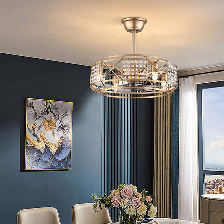 Modern Gold Drum Crystal 4-Light Ceiling Fan Light
